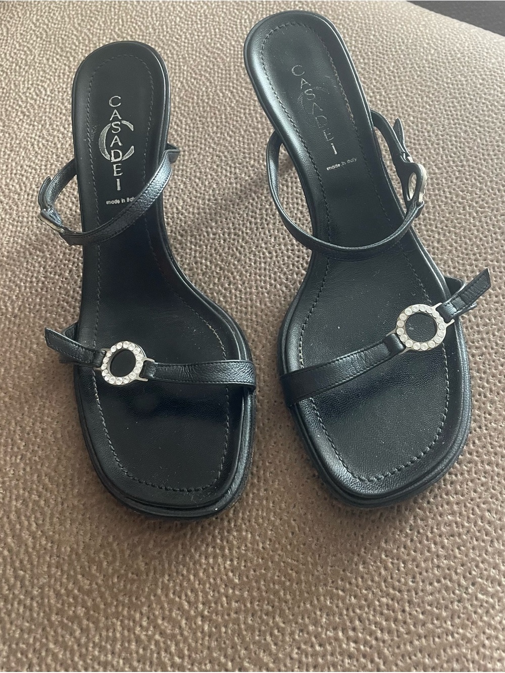 Casadei Black Leather Low-Heel Sandals with Rhinestone Circle